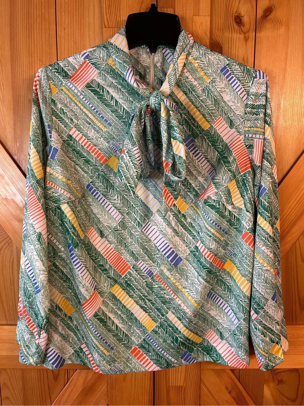 Vintage 1980s bow blouse multi-color geometric lightweight polyester size large